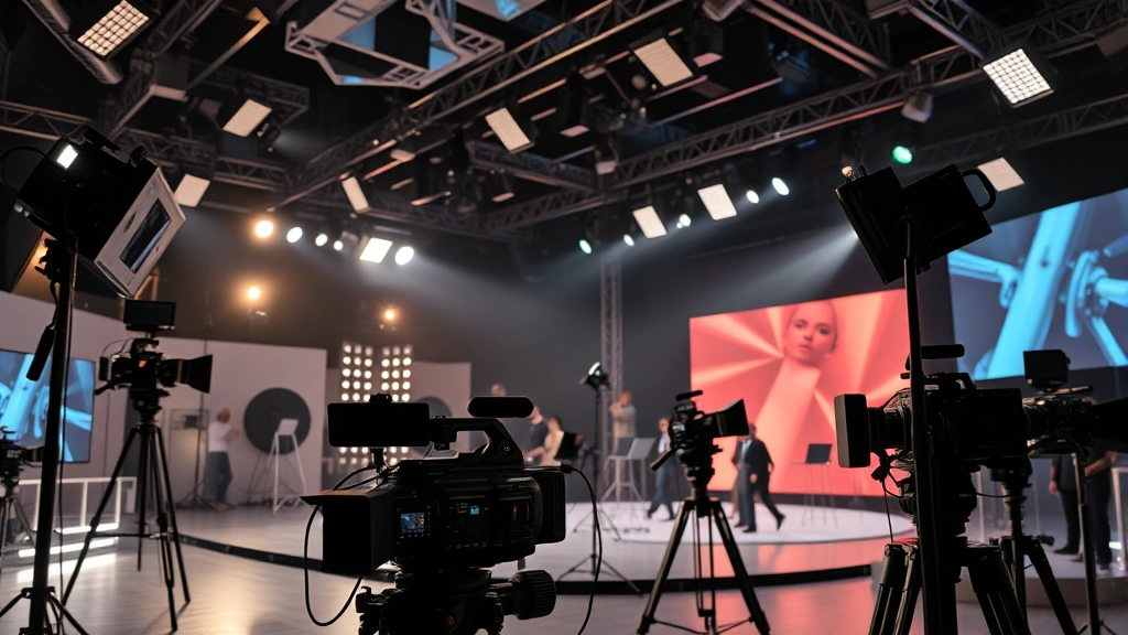 Modern television production set with professional lighting rigs, camera equipment, and stage setup, capturing behind-the-scenes entertainment industry work environment, cinematic quality