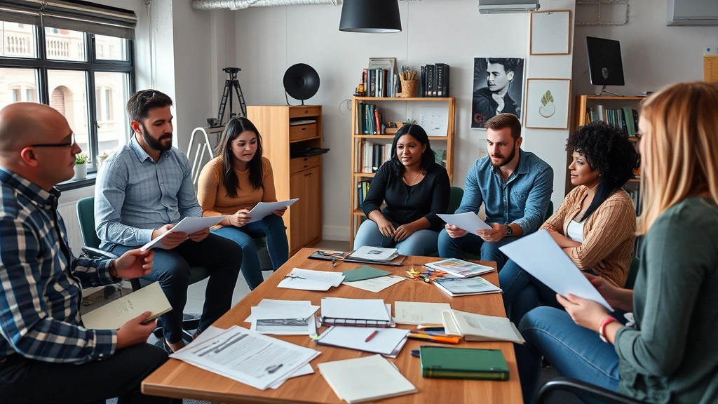 Diverse group of television writers and producers in a creative meeting room, collaborative workspace with scripts and materials, representing contemporary inclusive entertainment industry practices