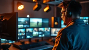 Filmmaker reviewing footage on monitors in modern editing suite with warm color grading, professional focus, cinematic lighting, digital media environment