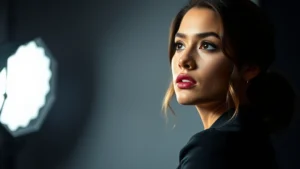 Professional female actor in dramatic contemplative pose, studio lighting, sophisticated styling, cinematic depth of field, emotional intensity conveyed through facial expression, modern professional photography