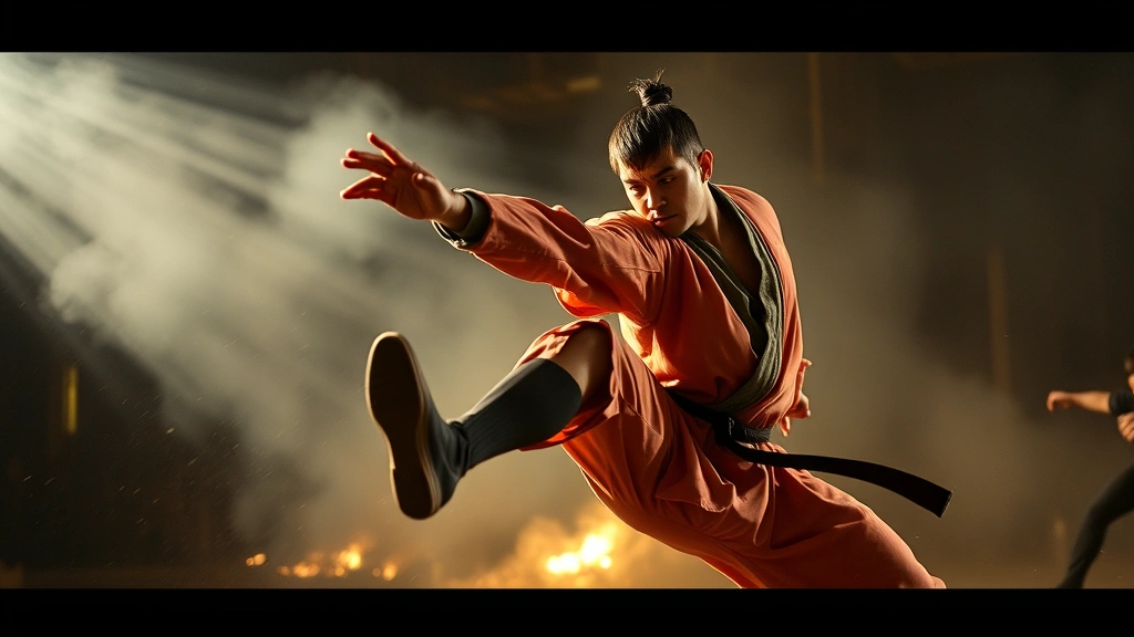 Action movie scene with trained fighter executing martial arts movement, dynamic motion capture, professional stunt coordination, cinematic action cinematography, athletic performance showcase, dynamic lighting
