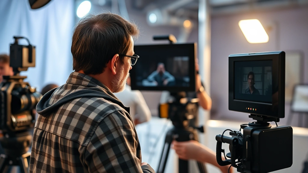 Film director reviewing footage on professional monitor on movie set, creative collaboration moment, production environment, professional cinema equipment, focused artistic direction, behind-the-scenes filmmaking