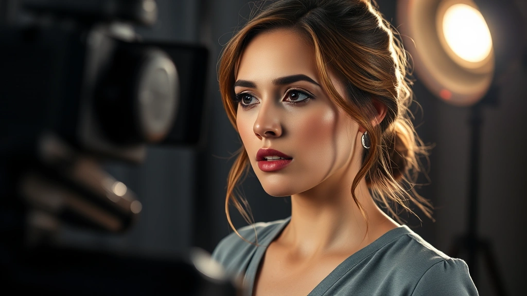 Professional actress in dramatic scene, intense emotional expression, studio lighting, contemporary film production aesthetic, candid moment