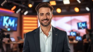 Professional portrait of accomplished male entertainment figure in modern television studio setting, sophisticated lighting, contemporary production environment, confident posture, professional attire, no visible text or graphics