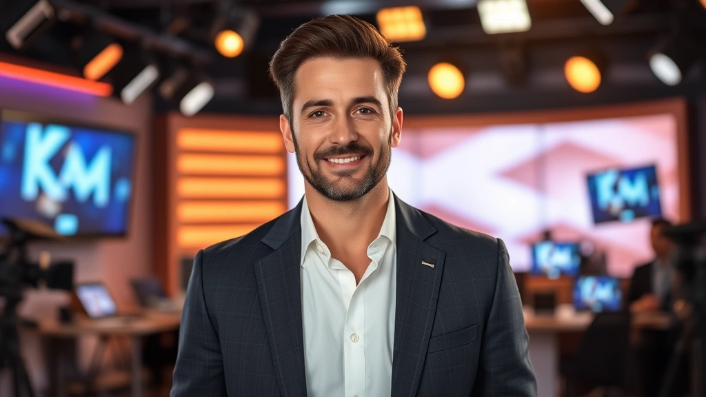 Professional portrait of accomplished male entertainment figure in modern television studio setting, sophisticated lighting, contemporary production environment, confident posture, professional attire, no visible text or graphics