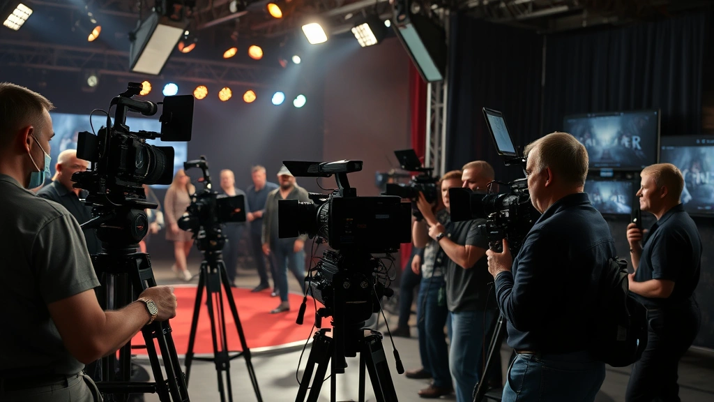 Behind-the-scenes television production scene with diverse crew members operating professional cinematography equipment on dramatic set, focused intensity, technical equipment visible, cinematic atmosphere, no identifying text or names
