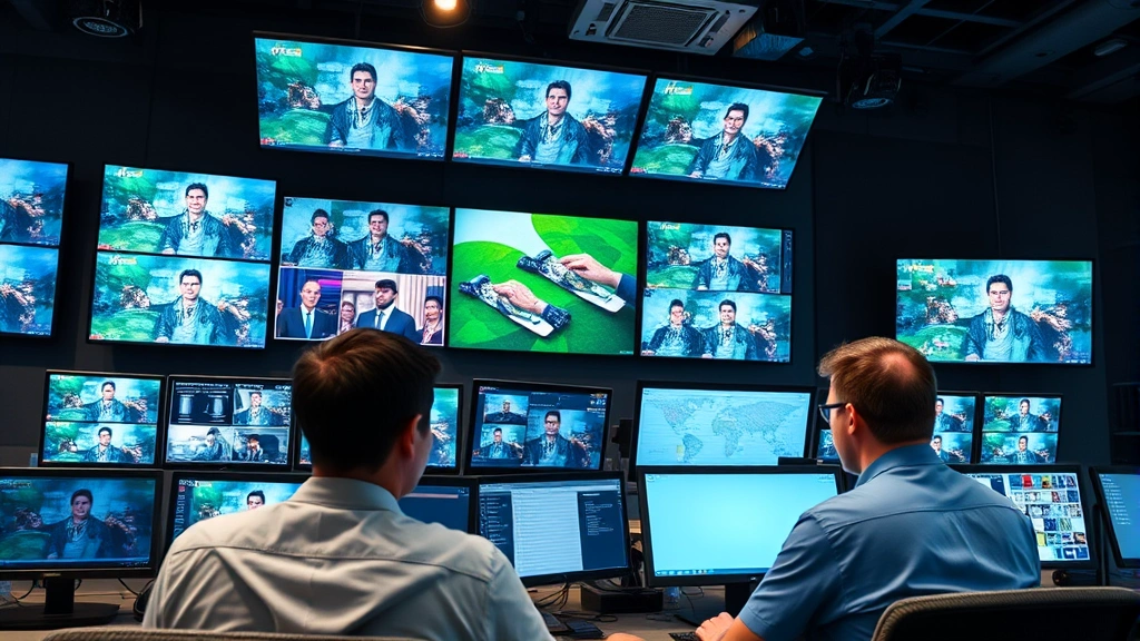 Modern media production control room with multiple monitors displaying various television content, professional technicians monitoring screens, sophisticated broadcasting infrastructure, digital displays, corporate media environment, no readable text on screens