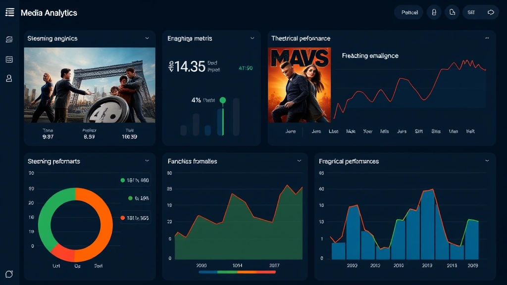 Digital media analytics dashboard displaying streaming engagement metrics and theatrical performance data, with colorful charts and graphs representing franchise performance across multiple platforms, modern minimalist design aesthetic