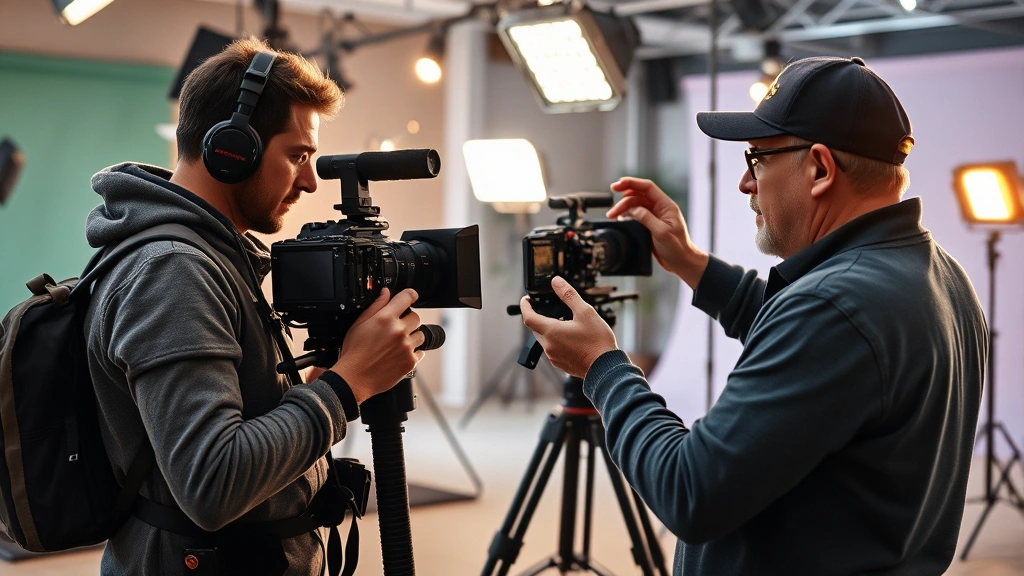 Filmmaker directing scene on professional film set with advanced camera equipment, creative collaboration between director and cinematographer, studio lighting setup visible, cinematic production environment