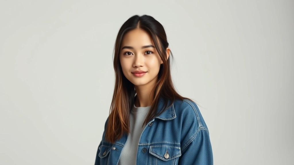 Professional headshot of a young female actress in modern studio lighting, wearing contemporary casual fashion, confident expression, neutral background with soft focus