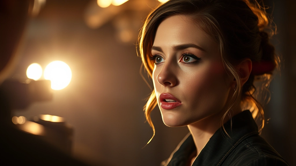 Cinematic scene showing a female actor in dramatic lighting during an intense emotional moment, professional makeup and styling, theatrical depth of field