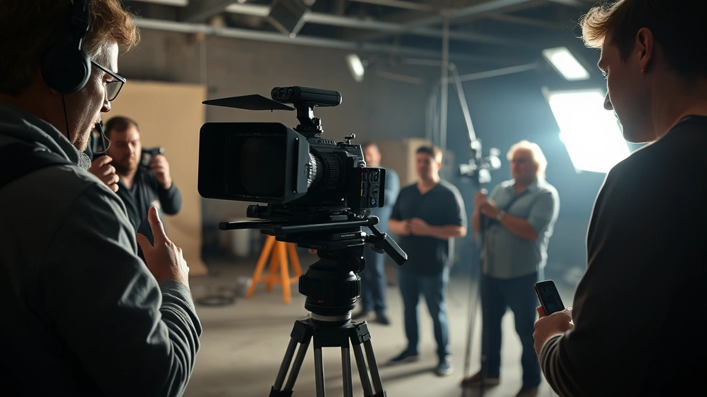 Behind-the-scenes photograph of film production with actress and crew members on set, professional cinematography equipment visible, collaborative creative environment