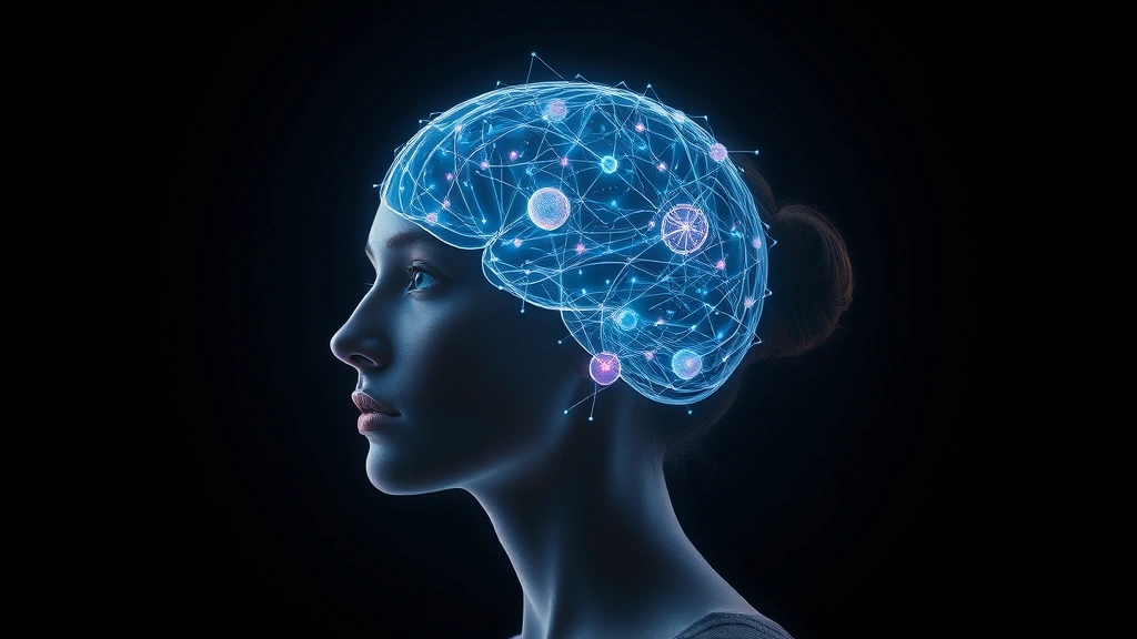 Woman with glowing neural pathways overlaid on her head against dark background, photorealistic digital art style, representing cognitive enhancement and expanding consciousness, brain activity visualization