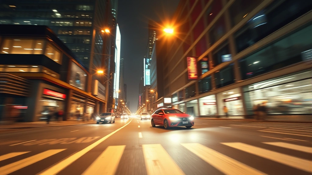 Fast-paced urban cityscape at night with neon lights and motion blur, showing car chase or parkour movement through modern architecture, cinematic action scene photography, dynamic energy
