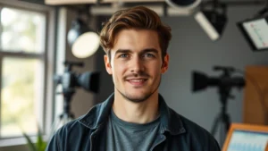 Professional headshot of male actor in modern film lighting, natural studio background, contemporary casual clothing, confident expression, depth of field blur