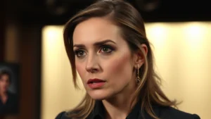 Professional actress in dramatic scene, intense emotional expression, television studio lighting, close-up portrait style, serious theatrical setting, no visible text or interface elements