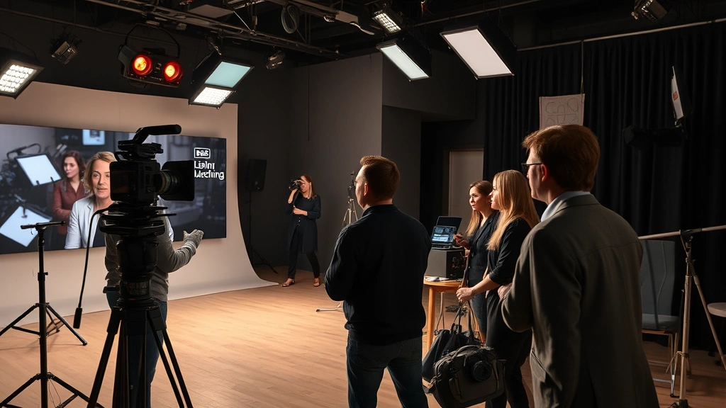 Television production set with actors in dialogue, dramatic lighting setup, professional cinematography equipment visible but not obstructing, collaborative scene work demonstration, authentic studio environment