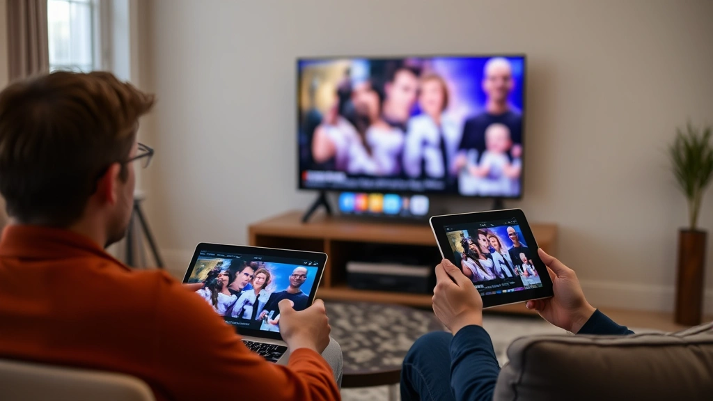 Person watching content on multiple devices simultaneously - laptop, tablet, and smart TV visible in one frame, demonstrating cross-device streaming consumption patterns