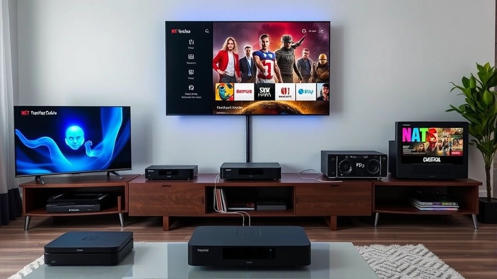 Modern home entertainment setup with various smart devices connected, showing the technical infrastructure supporting streaming platforms and content delivery