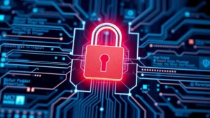 Digital security concept showing padlock shield over streaming device interface, cybersecurity protection visualization, modern tech security representation