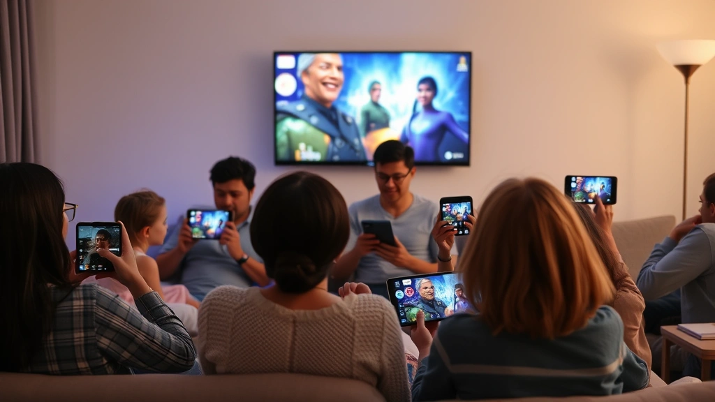Diverse group of people using tablets and phones watching movies, streaming entertainment across multiple devices, family viewing experience, contemporary digital media consumption