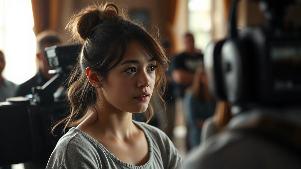 Behind-the-scenes film production with young actress in dramatic scene preparation, emotional vulnerability captured in natural lighting, professional set environment with crew visible but blurred, authentic creative moment