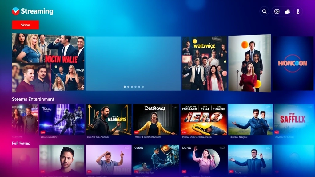 Streaming platform interface visualization showing diverse entertainment content grid with various genres and formats, abstract digital media representation, vibrant colors suggesting modern entertainment consumption, no readable text or specific titles