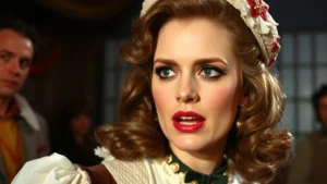 Close-up of a female performer on a classic film set from the 1970s, wearing period costume with dramatic makeup and expression, capturing theatrical performance intensity and comedic timing