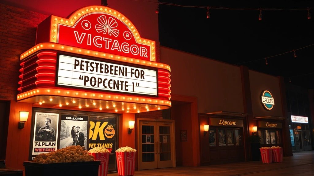 Vintage movie theater marquee and popcorn setup from 1970s era, showing classic film titles and nostalgic cinema atmosphere with warm lighting and retro design elements