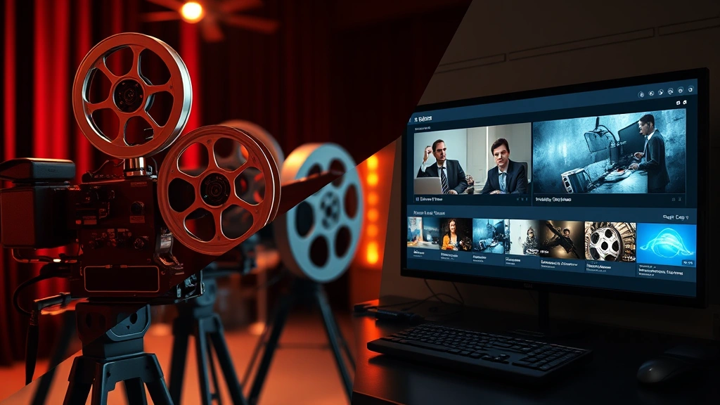 Split-screen composition showing film editing equipment and movie reels from classic cinema era alongside modern digital streaming interface, representing evolution of film distribution and viewing