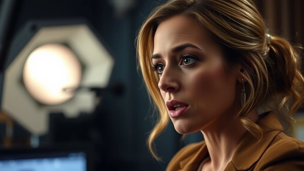 Professional actress in dramatic television production scene, intense emotional performance, studio lighting, close-up of expressive face during dramatic moment, no text or graphics visible
