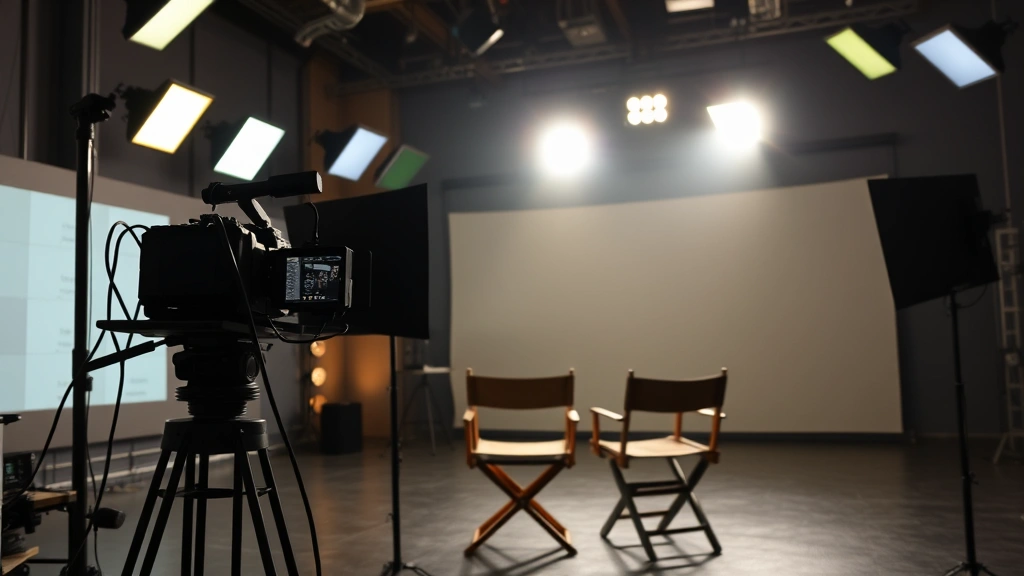 Television production set with professional cinematography equipment, dramatic three-point lighting setup, empty director's chair, film production in progress, modern broadcast studio environment