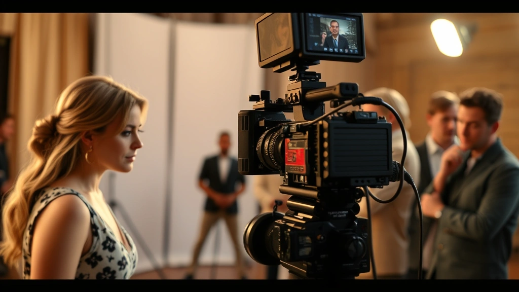 Behind-the-scenes television production showing actress in character during dramatic scene, professional camera and sound equipment, production team in soft focus background, emotional performance capture