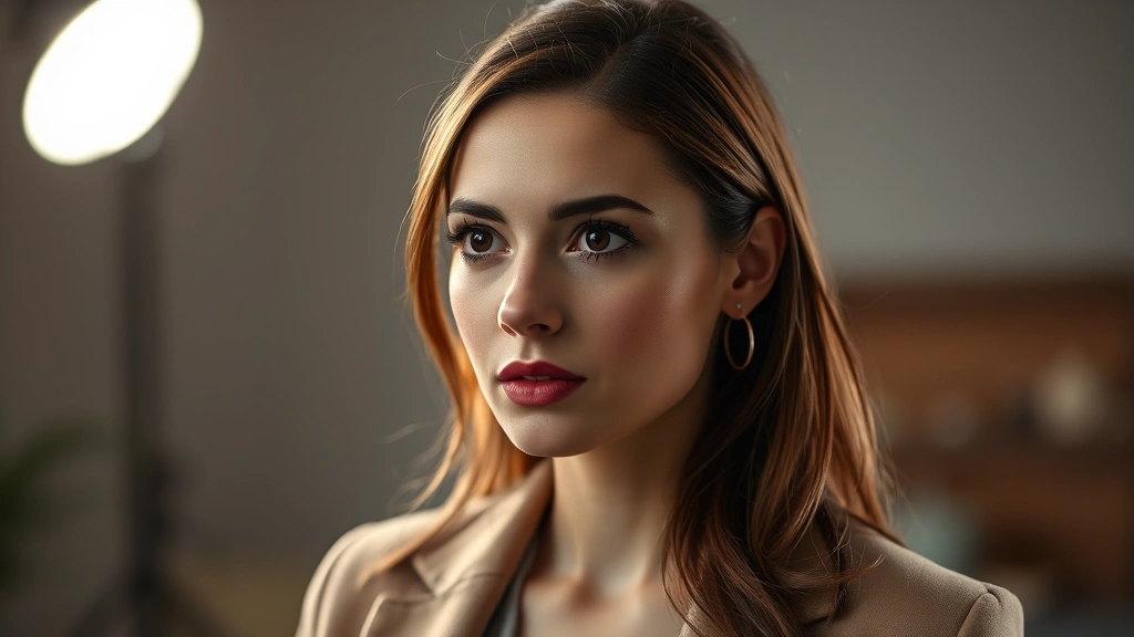 Professional female actor in dramatic scene, intense emotional expression, studio lighting, contemporary setting, thoughtful gaze, professional headshot quality, modern wardrobe, shallow depth of field