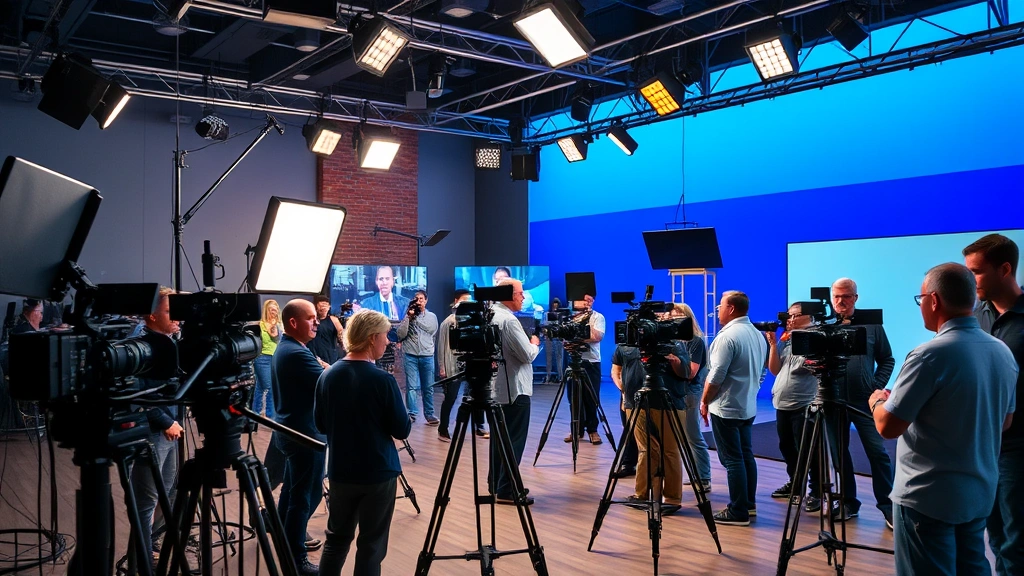 Television production set with professional crew, camera equipment, lighting rigs, collaborative creative environment, behind-the-scenes professional atmosphere, multiple people working together, studio setting