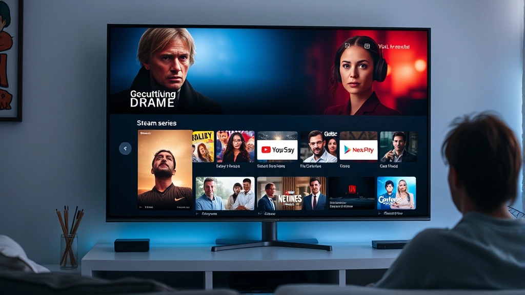 Streaming service interface showing quality drama series, modern digital platform display, contemporary entertainment consumption, home entertainment setup, glowing screen in modern room, audience engagement visualization