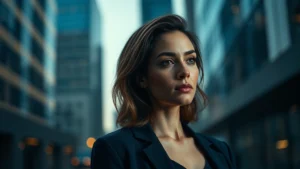 Professional actress in dramatic lighting against modern urban background, contemplative expression, professional headshot style photography, contemporary film set aesthetic