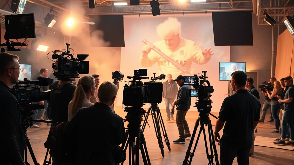 Film production scene with multiple camera setups and crew members working on action sequence, dynamic cinematic environment, professional video equipment visible, behind-the-scenes production atmosphere