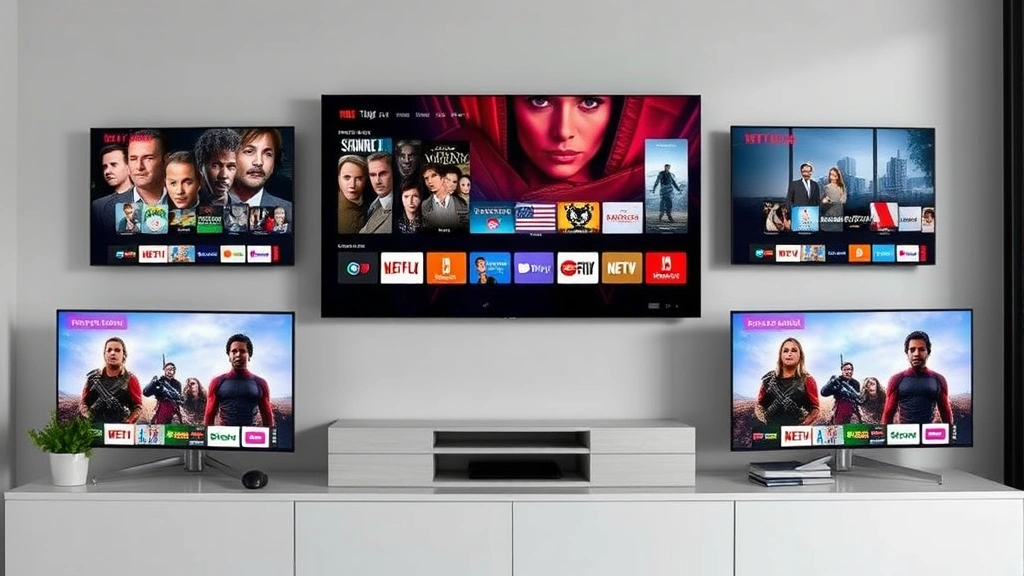 Modern streaming platform interface displayed on multiple screens showing various entertainment content thumbnails, digital media consumption concept, contemporary home entertainment setup