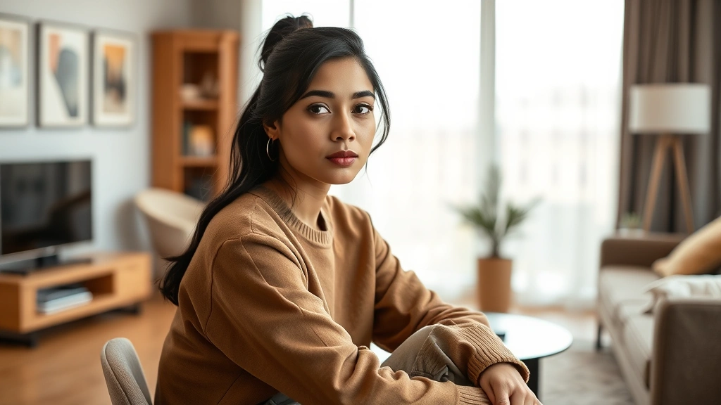 Young South Asian female actress sitting in modern apartment with natural lighting, looking thoughtful at camera, casual contemporary clothing, warm tones, photorealistic professional portrait style