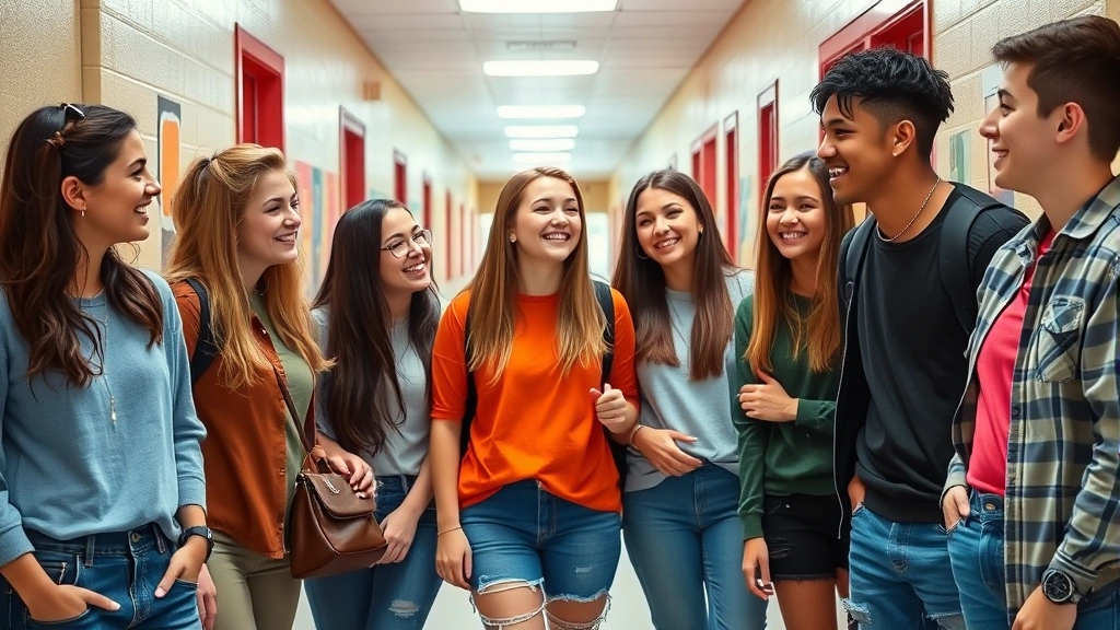 Diverse group of teenagers in colorful high school hallway setting, laughing together naturally, contemporary casual clothing, diverse representation, bright natural lighting, candid moment aesthetic