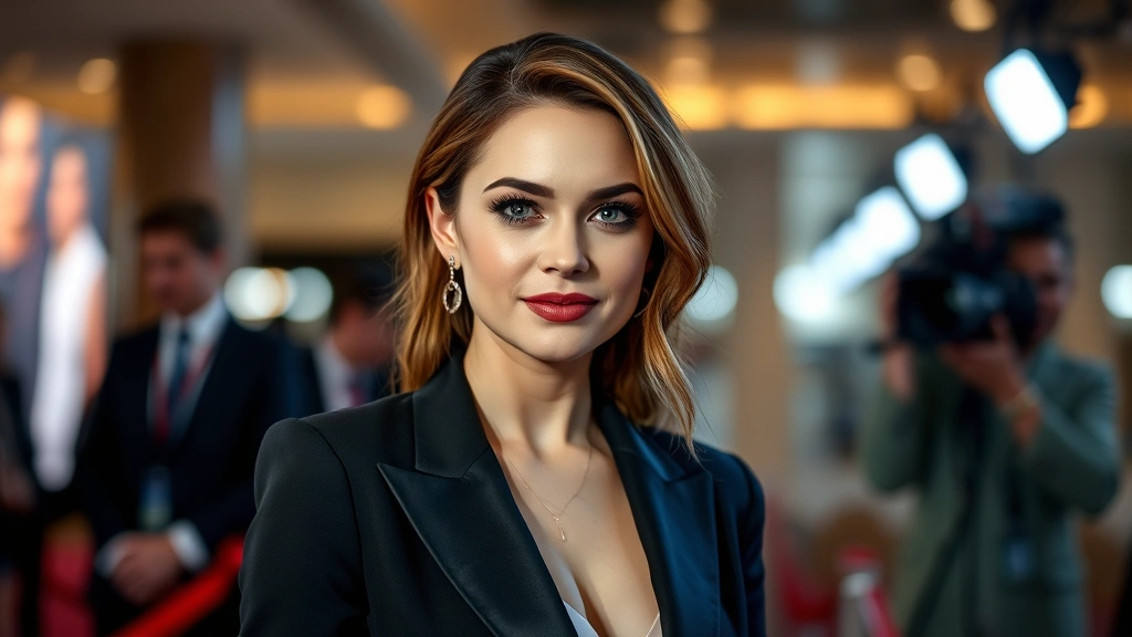 Female actress at entertainment industry event or premiere, sophisticated professional attire, confident posture, modern venue with blurred background, professional photography lighting