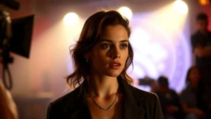 Professional young actress performing in dramatic scene, theatrical lighting, emotional expression, 1990s film production aesthetic, soft focus background showing film set environment