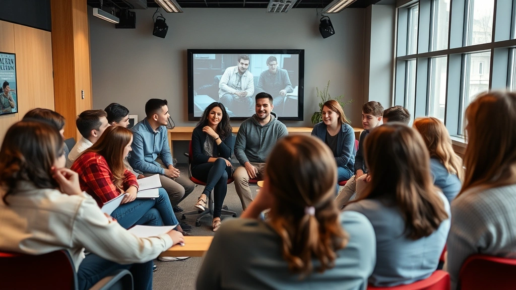 Diverse group of film students and educators discussing cinema in modern classroom setting, reviewing films on screen, collaborative learning environment, contemporary academic space with natural lighting