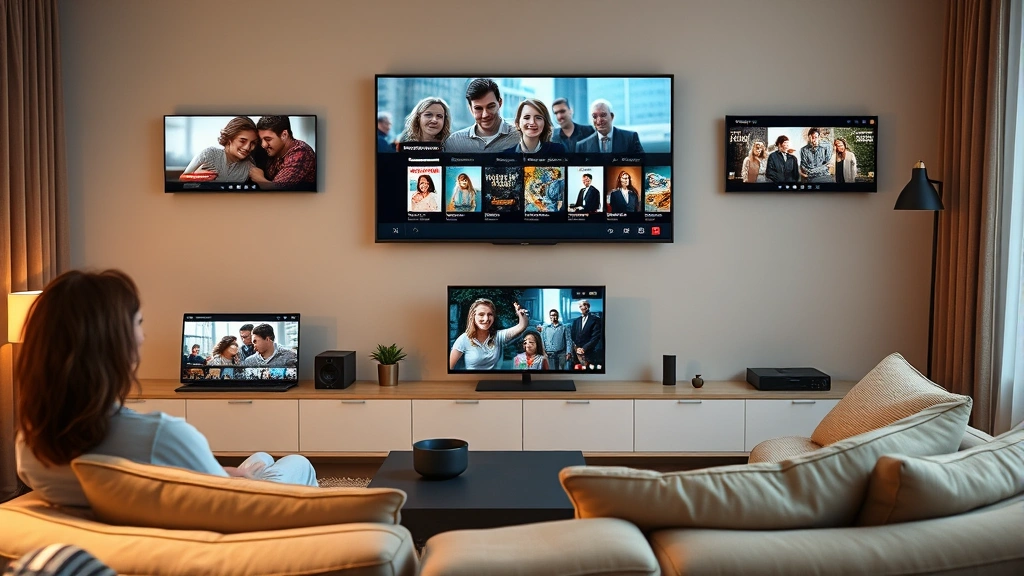Streaming media interface on multiple devices showing classic 1990s family films, digital entertainment consumption, contemporary home viewing setup with comfortable seating and modern technology