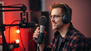 Podcaster in professional studio setup with microphone and recording equipment, warm lighting, focused expression, modern audio production environment, digital media aesthetic