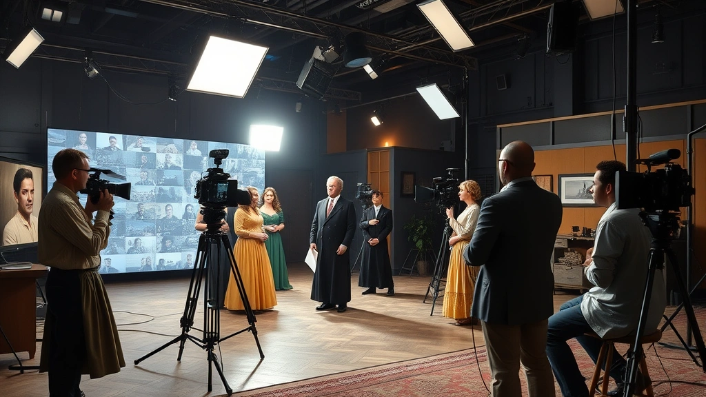 Television set during production with actors in period costume, professional lighting rigs, camera equipment, collaborative filmmaking atmosphere, behind-the-scenes entertainment production
