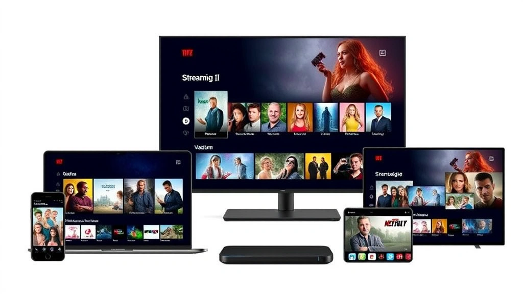 Streaming platform interface on multiple devices showing diverse entertainment content, minimalist digital design, contemporary media consumption, connected entertainment ecosystem