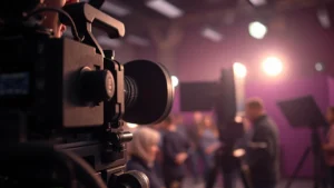 Close-up of professional cinema camera on set with soft-focus film production environment behind, cinematographer operating equipment, moody dramatic lighting setup, photorealistic