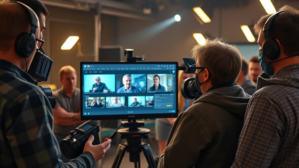 Director reviewing footage on monitor during film production, surrounded by crew members in collaborative creative moment, professional cinema equipment visible, warm studio lighting, photorealistic